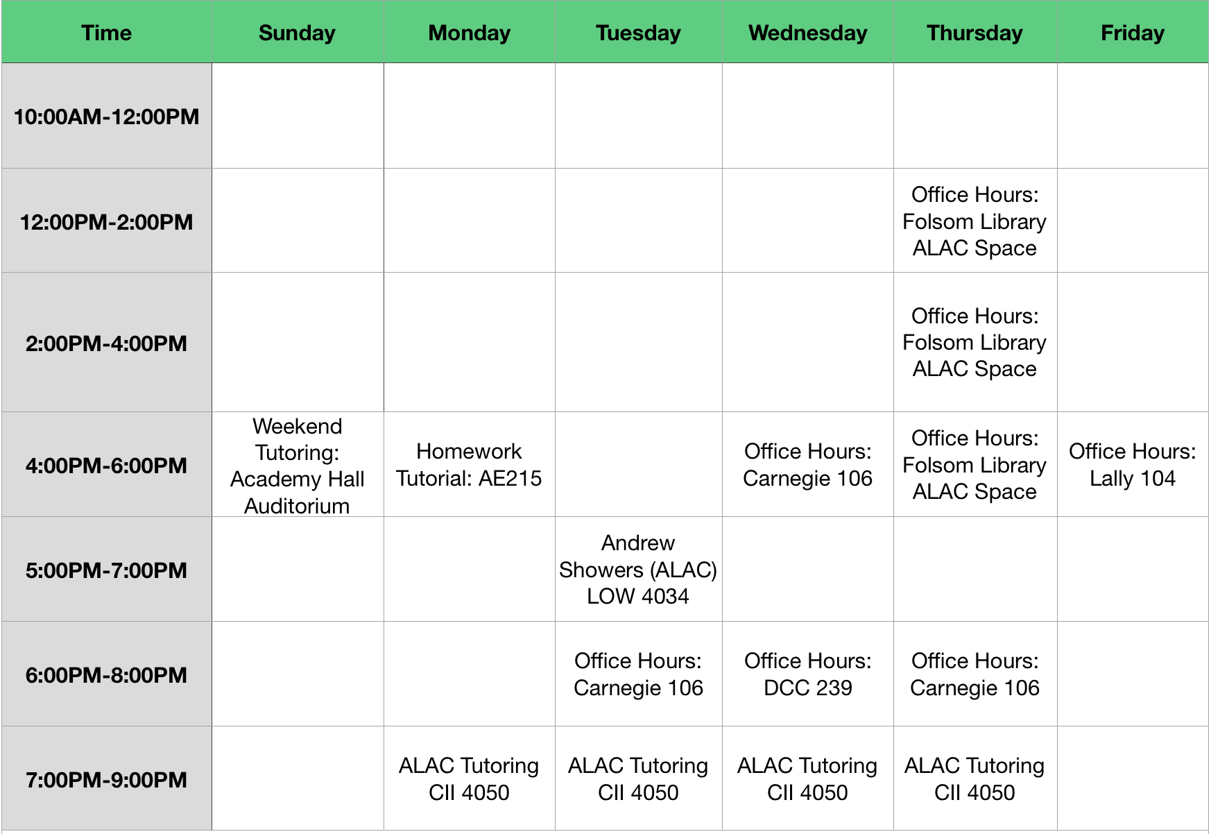weekly office hours schedule spring 2018 cs 1 spring office hours schedule