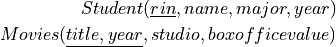 Student(\underline{rin}, name, major, year)

Movies(\underline{title, year}, studio, boxofficevalue)